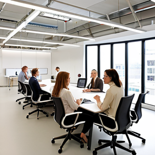 **

Prompt: "Diverse team collaborating in a modern, open-plan office. Emphasize teamwork, innovation, and a positive company culture. Include visual cues of German business culture, such as punctual meetings and direct communication. Light and airy atmosphere."

**