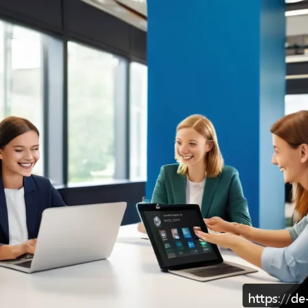 이론 실무 격차 해소를 위한 디지털 도구 활용 - A modern digital learning environment showing a diverse group of German professionals engaging with ...