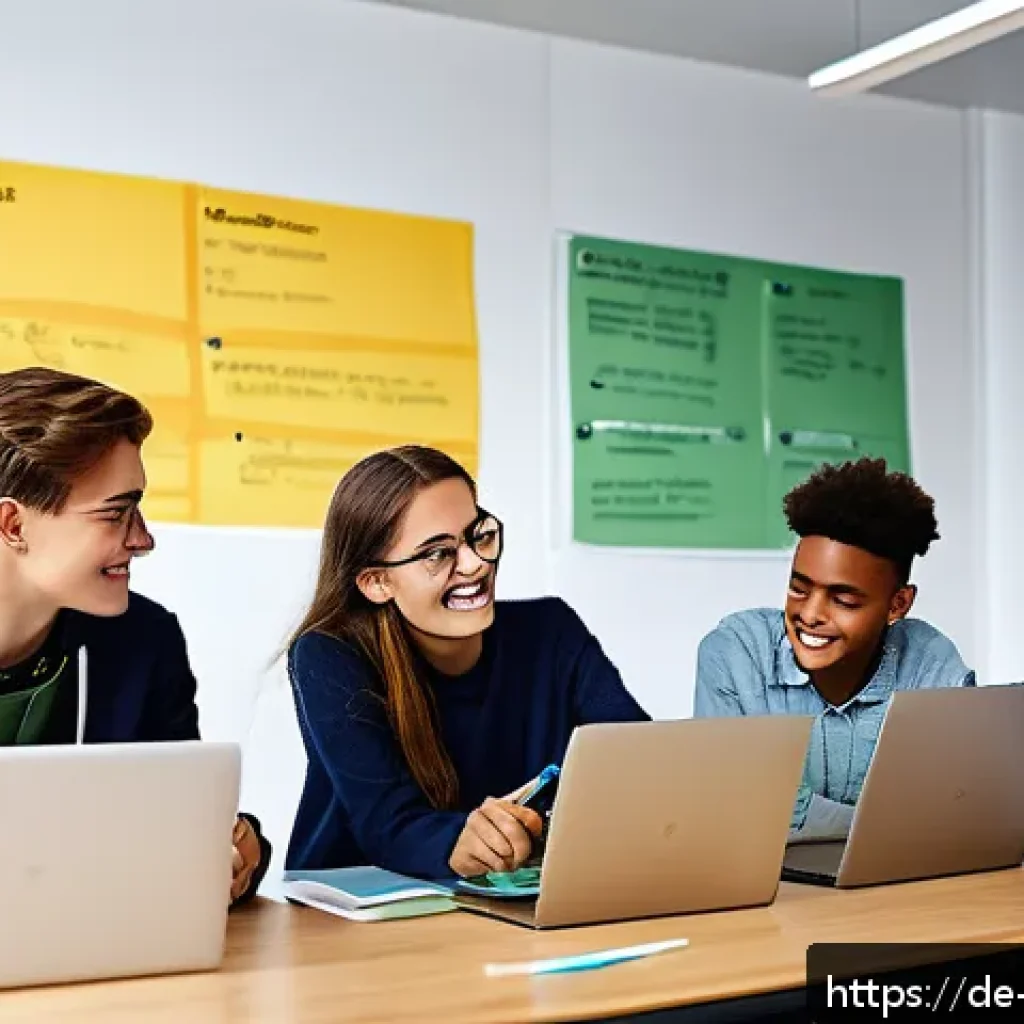 이론 실무 격차 해소를 위한 협력적 학습 전략 - A diverse group of German high school students collaborating enthusiastically around a table in a mo...