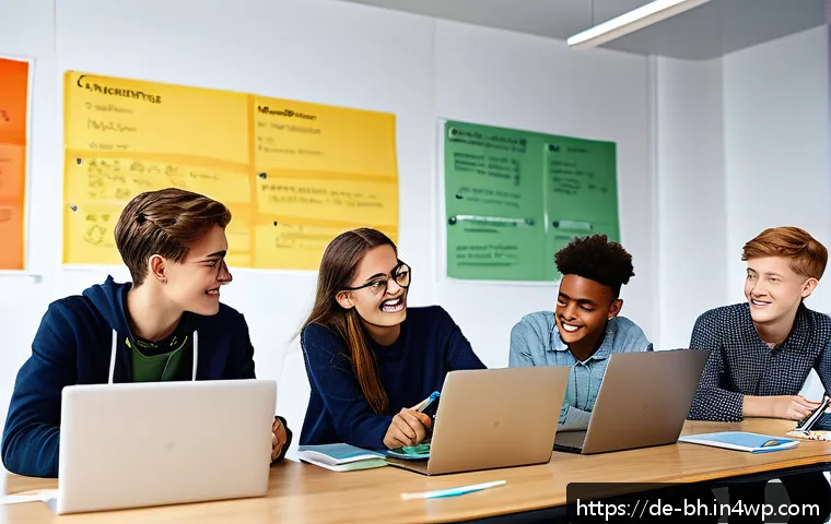 이론 실무 격차 해소를 위한 협력적 학습 전략 - A diverse group of German high school students collaborating enthusiastically around a table in a mo...