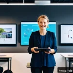Home 22 이론 실무 격차 해소를 위한 글로벌 교육 트렌드 - A modern digital learning environment showcasing a diverse group of adult learners using interactive...