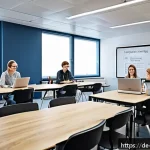 Home 21 이론 실무 격차 해소를 위한 대학교 기업 협력 사례 - A modern university classroom scene in Germany featuring diverse students collaborating in a project...