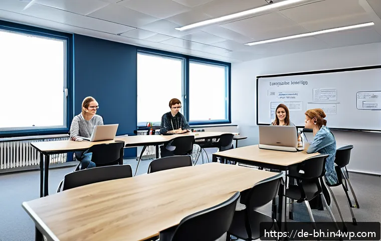 이론 실무 격차 해소를 위한 대학교 기업 협력 사례 - A modern university classroom scene in Germany featuring diverse students collaborating in a project...