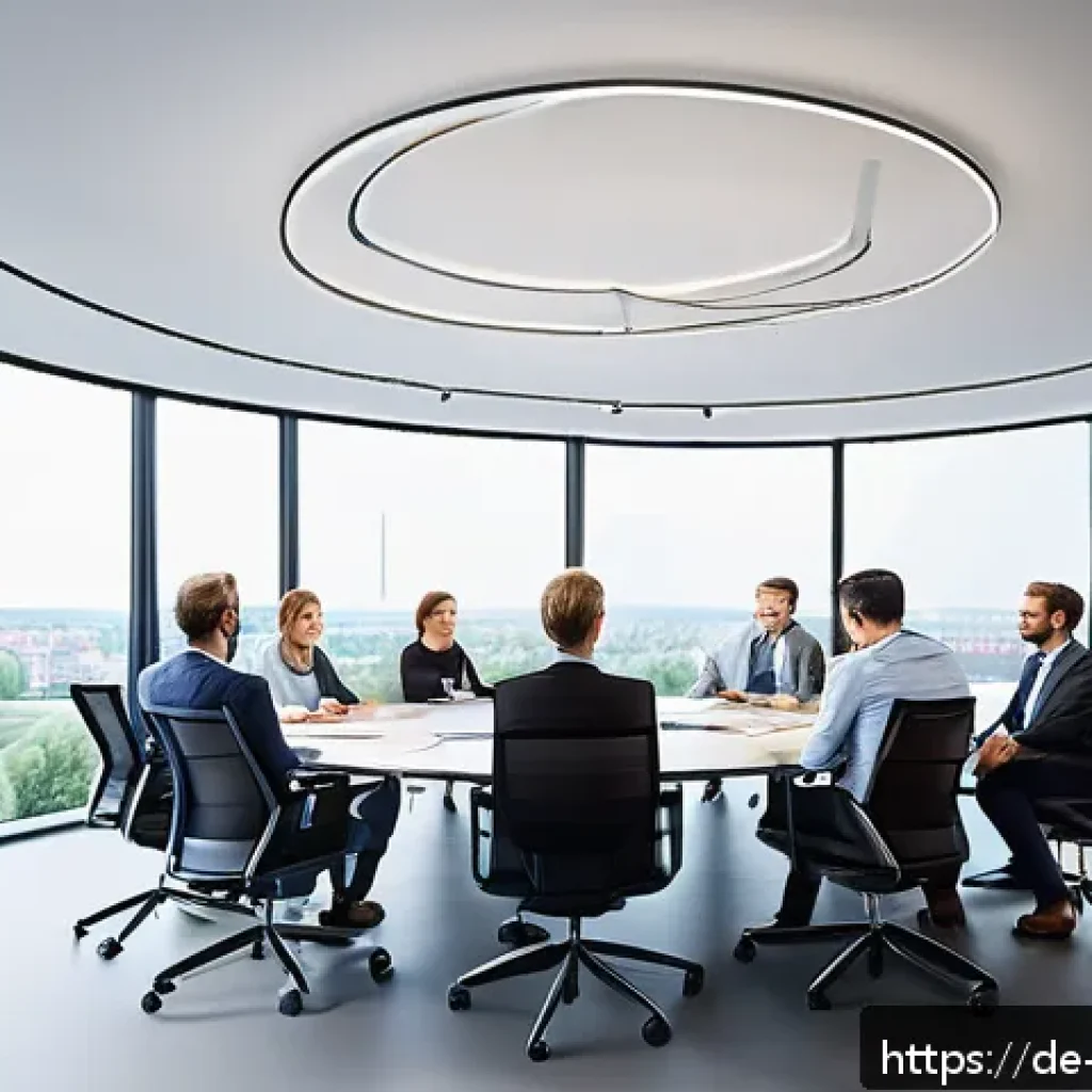 산업별 이론 실무 격차 해소 사례 분석 - A modern corporate meeting room in a German tech company, featuring a diverse team of professionals ...
