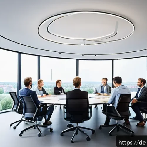 Home 32 산업별 이론 실무 격차 해소 사례 분석 - A modern corporate meeting room in a German tech company, featuring a diverse team of professionals ...