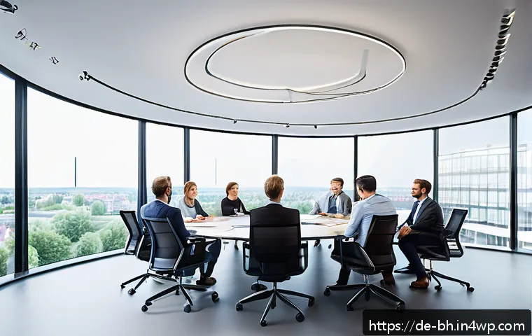 산업별 이론 실무 격차 해소 사례 분석 - A modern corporate meeting room in a German tech company, featuring a diverse team of professionals ...