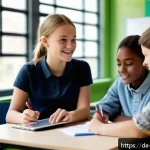 Home 19 이론 기반 교육과 실무간의 피드백 연결하기 - A modern classroom scene in Germany showing a diverse group of high school students attentively rece...
