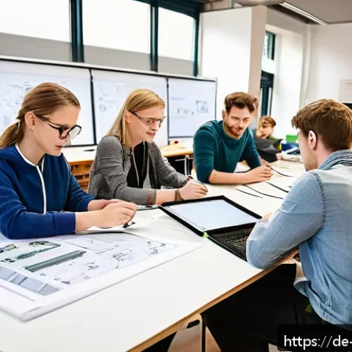 Home 30 이론 실무 격차 해소를 위한 교육 혁신 방안 - A modern classroom scene in Germany featuring a diverse group of young adults engaged in project-bas...