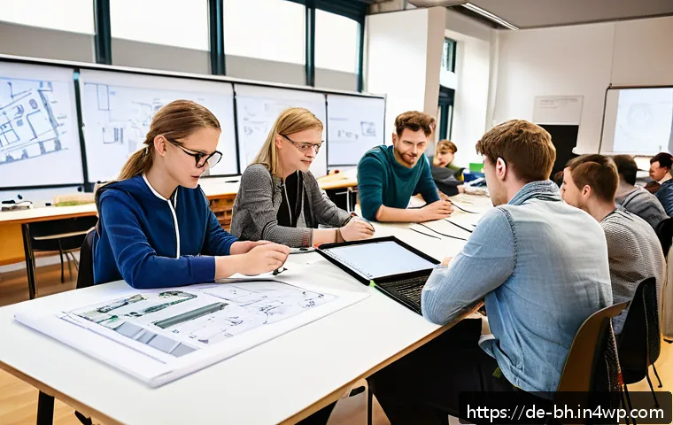 이론 실무 격차 해소를 위한 교육 혁신 방안 - A modern classroom scene in Germany featuring a diverse group of young adults engaged in project-bas...
