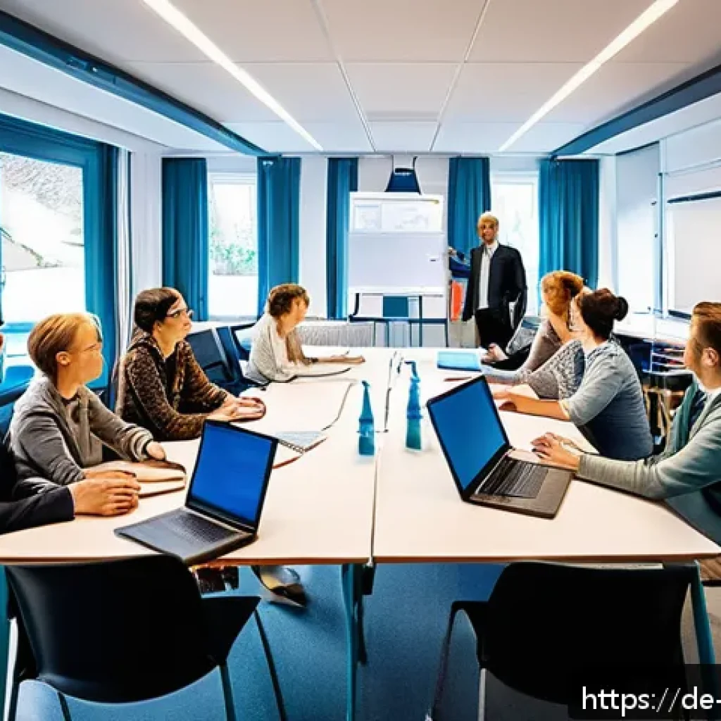 이론 실무 격차 해소를 위한 교육 프로그램 비교 - A modern classroom scene in Germany showing a diverse group of adult learners engaged in a hands-on ...