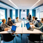 Home 23 이론 실무 격차 해소를 위한 교육 프로그램 비교 - A modern classroom scene in Germany showing a diverse group of adult learners engaged in a hands-on ...