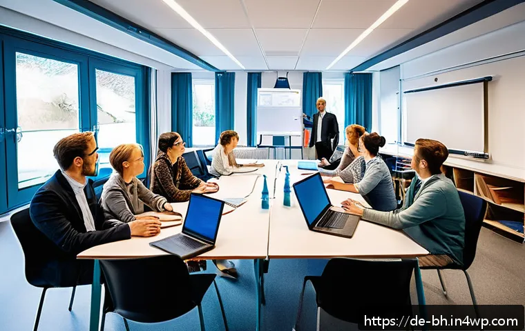 이론 실무 격차 해소를 위한 교육 프로그램 비교 - A modern classroom scene in Germany showing a diverse group of adult learners engaged in a hands-on ...